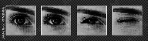 Set of female eyes created with halftone effect. Collage style eyes with eyebrows, frame-by-frame illustration on transparent background. Halftone collage elements. Vector.