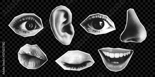 Set of eyes, mouth, and nose with halftone effect. Collage halftone elements for banner, poster and social media on transparent background. Vector.