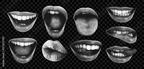 Collage mouth set with halftone effect. Lips, mouth with tongue, teeth and different emotion - scream, kiss, smile, lip biting. Cutout halftone collage elements for banner, poster. Vector