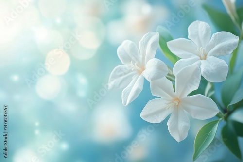 Close-up of blooming white jasmine flowers with delicate petals and vibrant green leaves, evoking a tranquil spring vibe