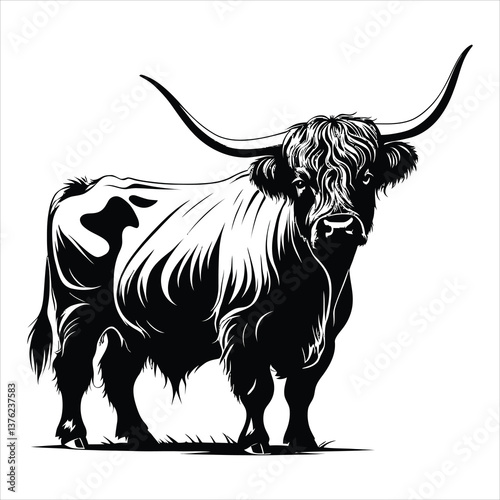 Elegant Black and White Highland Cow Silhouette Design