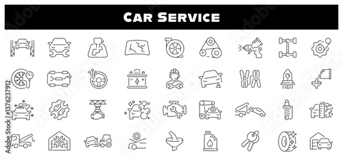 Car service vector icons. Auto service, car repair icon set. Car service and garage. Car service, garage, repair, station, vehicle, service related thin line icon collection. Editable stroke