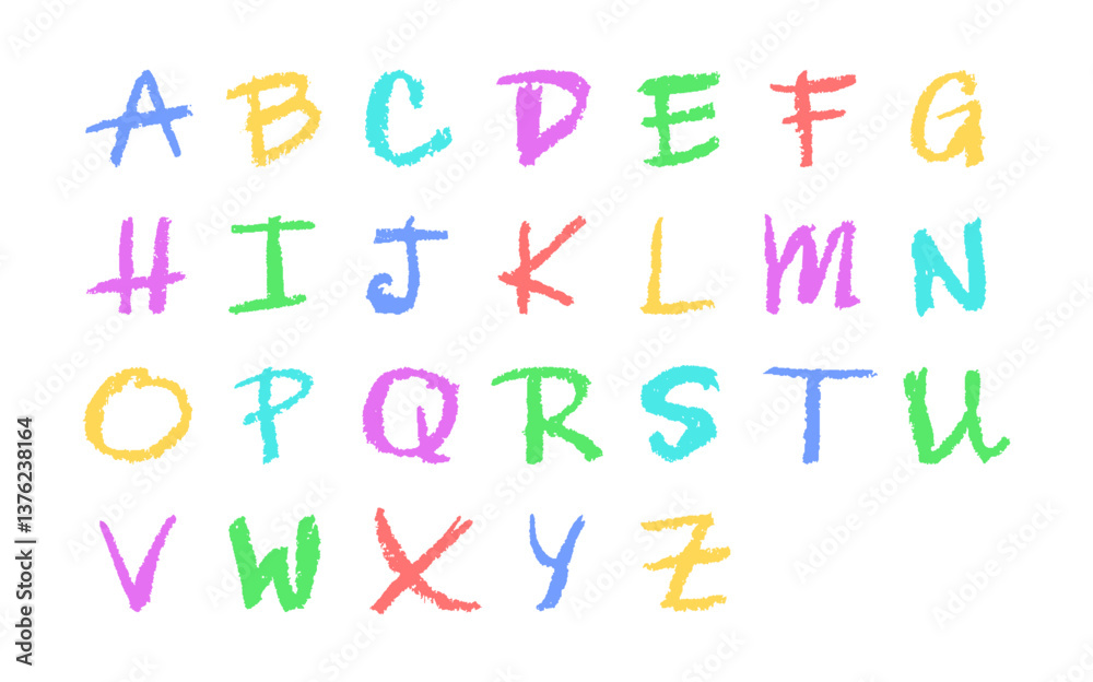 English alphabet hand-drawn in a crayon. Capital colorful letters in chalk, pastel, or wax style. Highlighter effect on white board for kindergarten drawing and learning. Cartoon vector illustration.