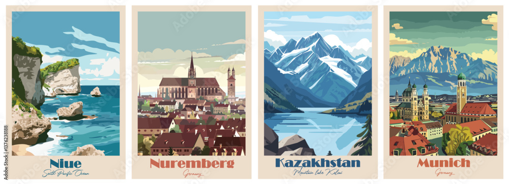 Obraz premium Mountain lake Kolsai in Kazakhstan, Munich, Germany, Niue, South Pacific Ocean, Nuremberg, Germany - Vintage Travel Poster. Vector illustration. High quality prints, design