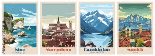 Mountain lake Kolsai in Kazakhstan, Munich, Germany, Niue, South Pacific Ocean, Nuremberg, Germany - Vintage Travel Poster. Vector illustration. High quality prints, design