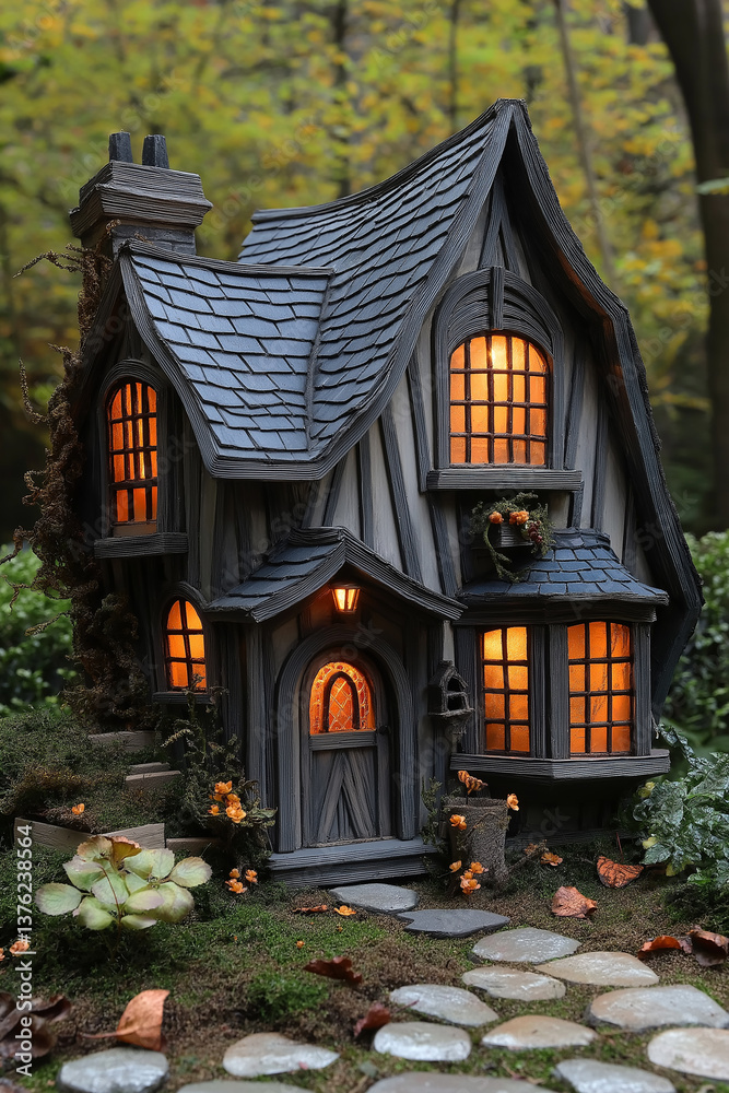 Fototapeta premium Miniature tudor style cottage illuminating a mystical forest