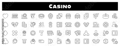 Casino vector icon set. Gambling icons. Casino, poker, gamble games, gambling, dice, playing cards, slot  thin line icon collection. Editable stroke