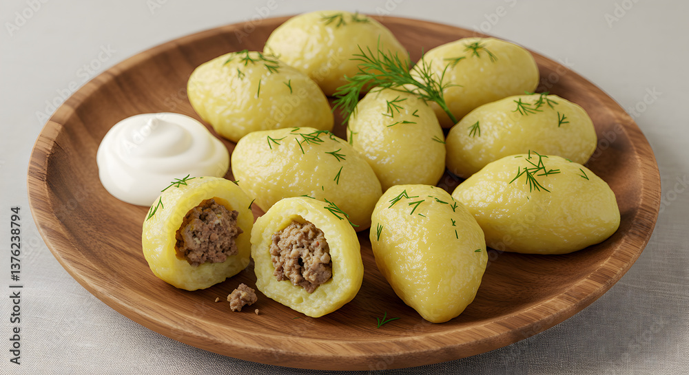 Authentic Lithuanian Cepelinai: Potato Dumplings Stuffed with Meat on Wooden Plate Authentic Lithuanian Cepelinai: Potato Dumplings Stuffed with Meat on Wooden Plate