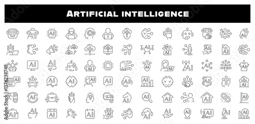 Artificial intelligence icons collection. AI icon set. Artificial intelligence, brain, intelligence, computing innovation related thin line icon collection. Editable stroke