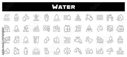 Water icons. Water linear icon collection. Drop Water, Mineral Water, Water Bottle, drink related thin line icon collection. Editable stroke