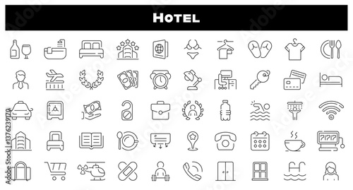 Hotel vector icons. Hotel icons collection. Hostel, apartment, reception, hotel maid, hotel related thin line icon collection. Editable stroke