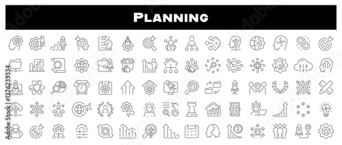 Planning vector icons. Action plan thin line icons collection. Action, plan , planning, management related thin line icon collection. Editable stroke