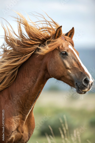 Portrait of a bay horse with a flowing mane in profile against the background of nature. The personification of Spirit and freedom