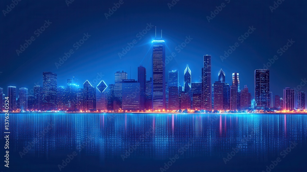 Fototapeta premium A stunning nighttime cityscape featuring illuminated skyscrapers reflecting on the water's surface, creating a vibrant and futuristic skyline.