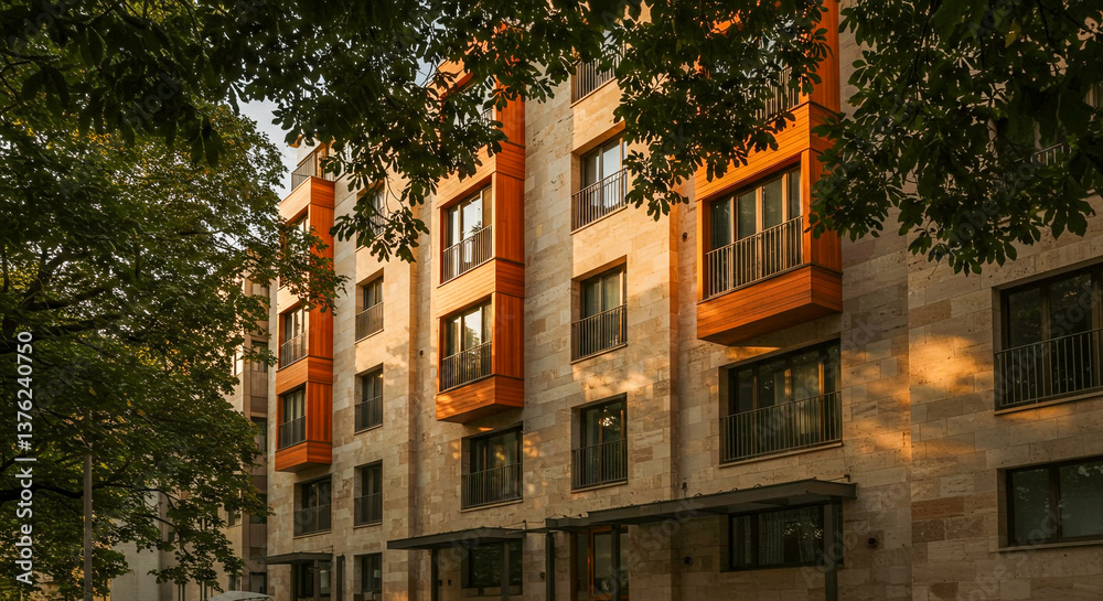 Naklejka premium Warm-toned building facade framed by tree branches.