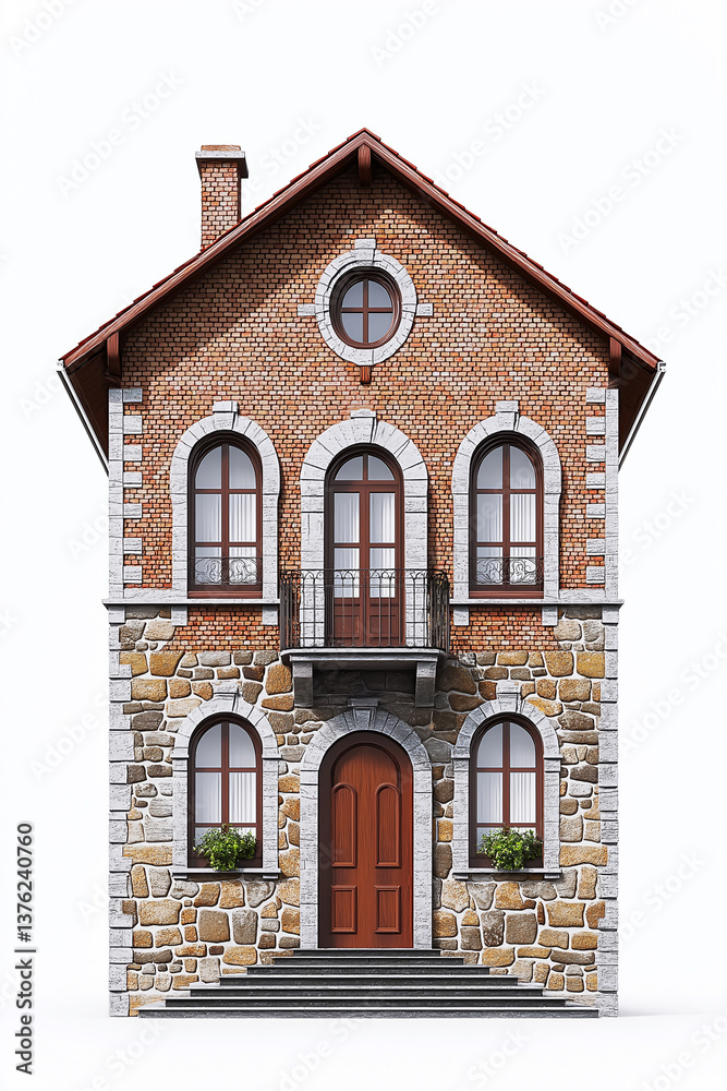 Obraz premium Classic brick and stone house with balcony and arched windows standing on white background