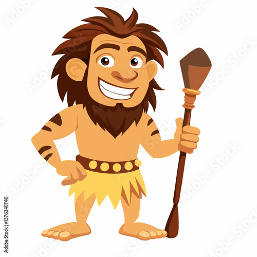 Primitive cave man with spear. Prehistoric neanderthal  character. Colorful vector illustration on white background