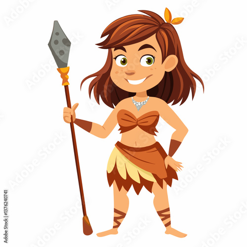 Cute primitive cave woman with spear. Prehistoric neanderthal woman character. Colorful vector illustration on white background
