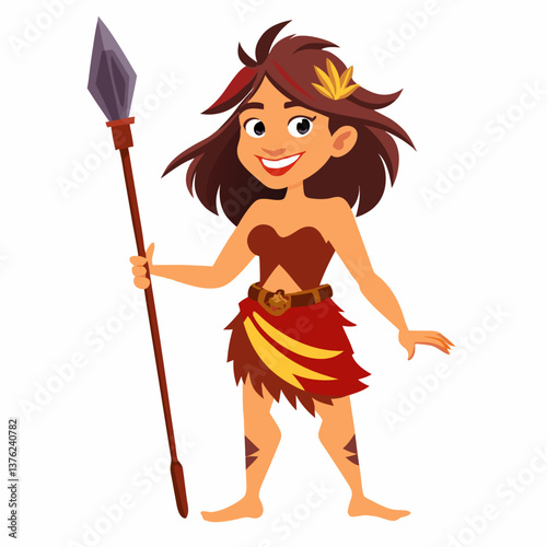 Primitive cave woman with spear. Prehistoric neanderthal woman character. Colorful vector illustration on white background