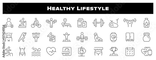 Healthy Lifestyle and Sports Vector Outline Icon Set