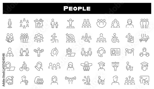 Multiple People with Different Activities Vector Outline Icon Set