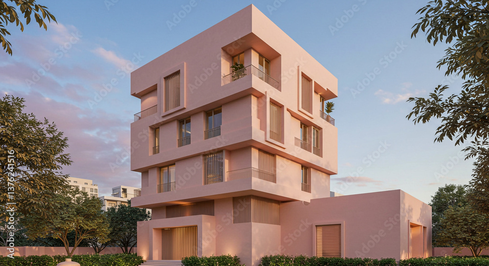 Fototapeta premium Pink modern building with geometric design at dusk.