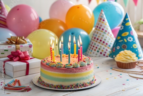 A brightly decorated birthday cake with numerous candles adorning its surface ready for celebration Charming birthday cake with lit candles
