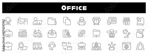 Office working vector outline icon set. Company workers space linear icons.