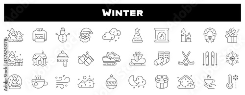 Winter cozy celebration cold weather vector outline icon set. Warm and festive elements