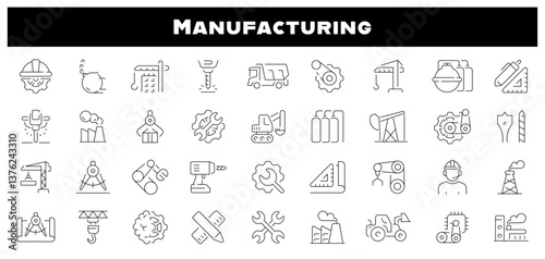 Manufacturing industry vector outline icon set. Factory and production icons