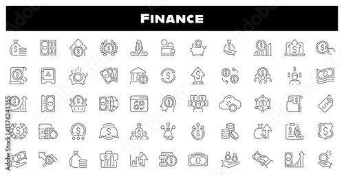 Finance banking outline money vector icon set. Financial and banking icons
