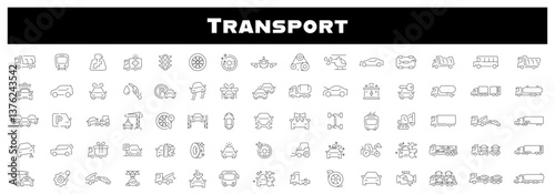 Transport vehicle service repair and transportation outline vector set. Car and public transport icons
