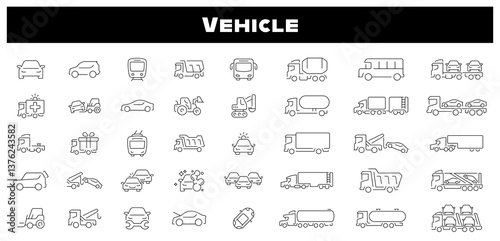 Vehicle transportation outline vector icon set. Cars and public transport icons