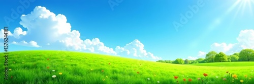 Fresh spring landscape with vibrant blue sky and lush green grass, sunny day, vector