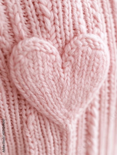 Pink Knitted Heart Pattern Texture - Close-up of a soft pink knitted fabric with a prominent heart shape, symbolizing love, warmth, comfort, handmade artistry, and winter fashion