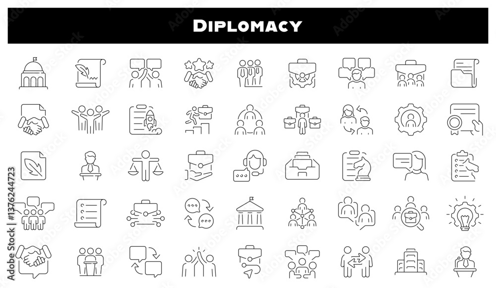 Diplomacy vector outline icon set. International relations symbols. Diplomacy vector outline icon set. International relations symbols.