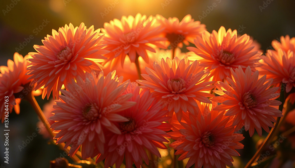 A cluster of pink chrysanthemums illuminated by soft, golden sunlight, capturing nature's beauty during a serene sunset moment. Perfect for themes of tranquility, warmth, and floral scenery.
A cluster of pink chrysanthemums illuminated by soft, golden sunlight, capturing nature's beauty during a serene sunset moment. Perfect for themes of tranquility, warmth, and floral scenery.
