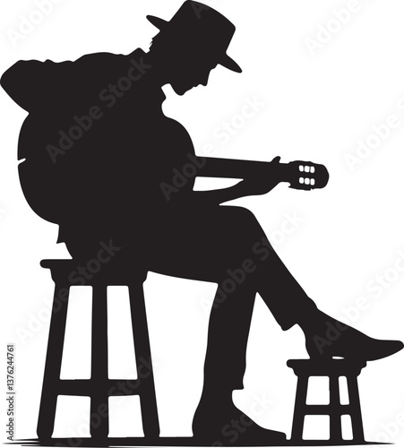 Black and White Silhouette of a Musician Playing Guitar with Minimalistic Design 