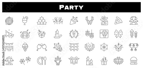 Party celebration vector outline icon set. Festive event symbols
