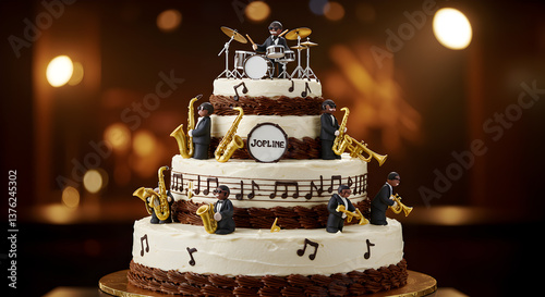 Elaborate jazz band themed cake adorned with musical instruments and figurines