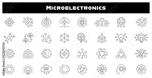 Microelectronics technology vector outline icon set. Circuit board symbols