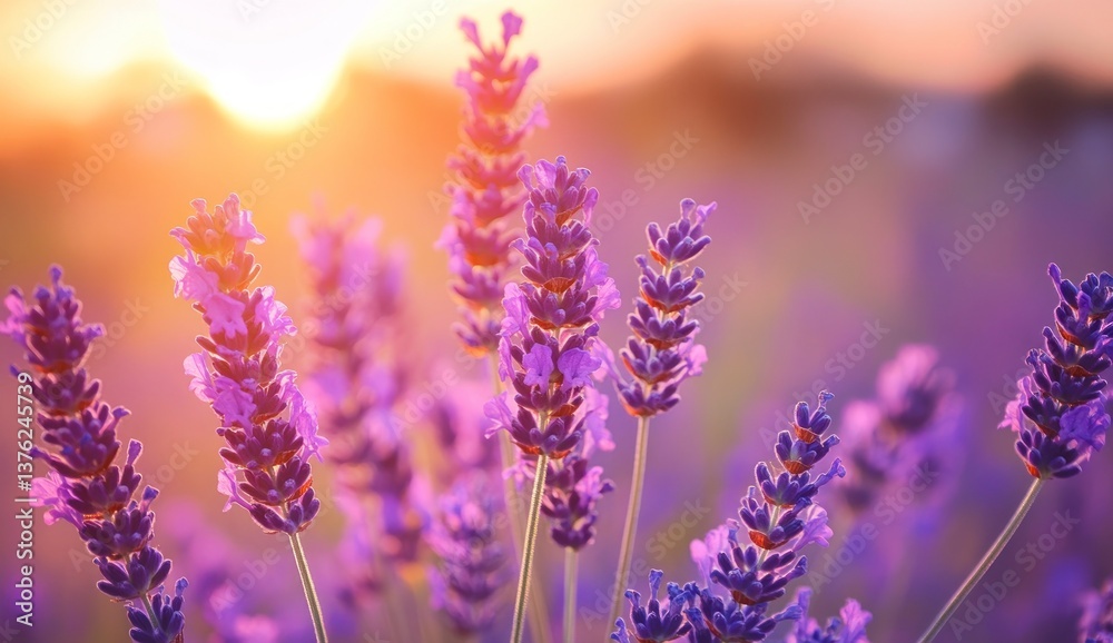 Lavender Flower Field at Sunset with Soft Warm Light and Purple Hues Lavender Flower Field at Sunset with Soft Warm Light and Purple Hues