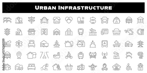 Urban infrastructure vector outline icon set. Urban development symbols