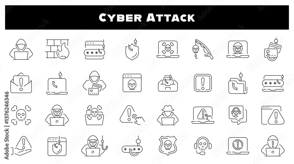 Cyber attack icons. Cyber line icon set. Cyber, attack, software, virus, scam, hacker, fraud, cyber attack related icons. Editable stroke, thin line icons set Cyber attack icons. Cyber line icon set. Cyber, attack, software, virus, scam, hacker, fraud, cyber attack related icons. Editable stroke, thin line icons set