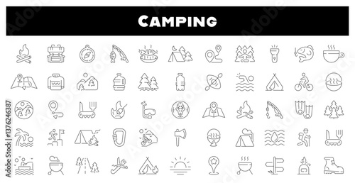 Camping vector icons. Camping icon set. Holiday, vacation, hiking, fishing, travel, camping related icons. Thin line editable stroke