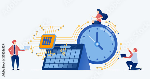 Vector illustration of people use chips to help process schedules and events with the help of chips and AI technology illustrated with chip cables wrapped around calendars and round clocks