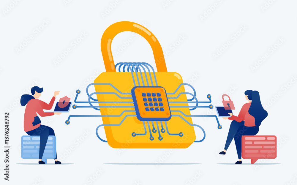 Obraz premium Vector illustration of People use security systems with networks based on chip technology and AI. illustrated with a padlock wrapped in cables and chips