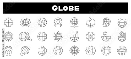Globe vector icons. Globe icon set. World globe line icons. Earth, global, country, map, planet, globe related icons. Thin line editable stroke