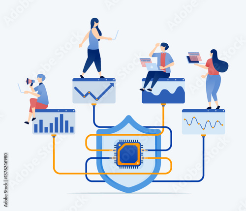 illustration of Chips enhance statistical data processing services and charts analyzing data security levels with AI driven protection encryption and cloud based storage solutions