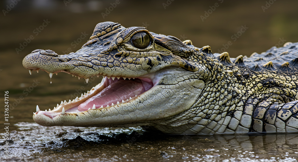 Menacing caiman portrait, detailed scales and open mouth showcasing sharp teeth Menacing caiman portrait, detailed scales and open mouth showcasing sharp teeth